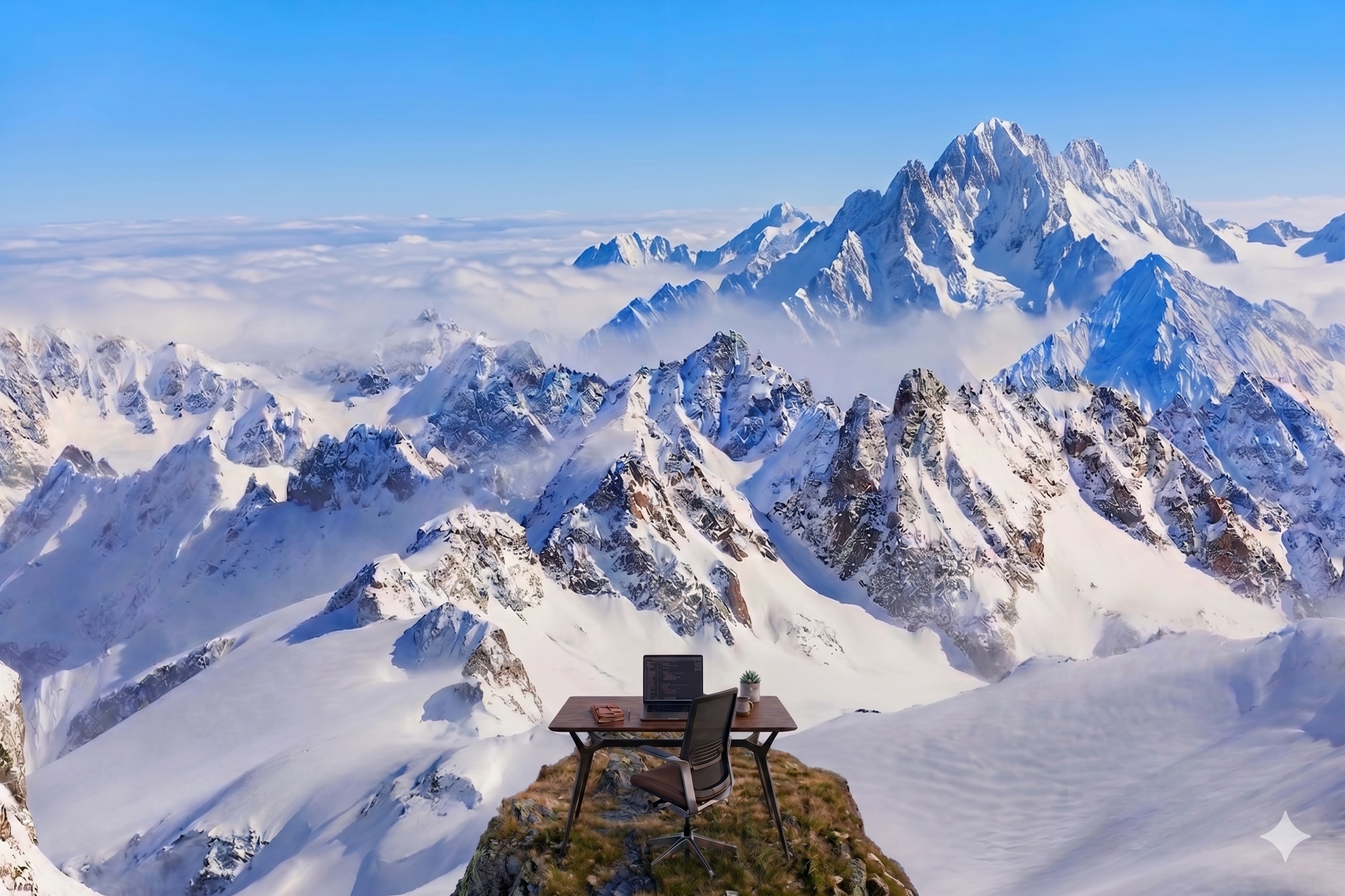 A desk on a mountain peak - your office, open to nature